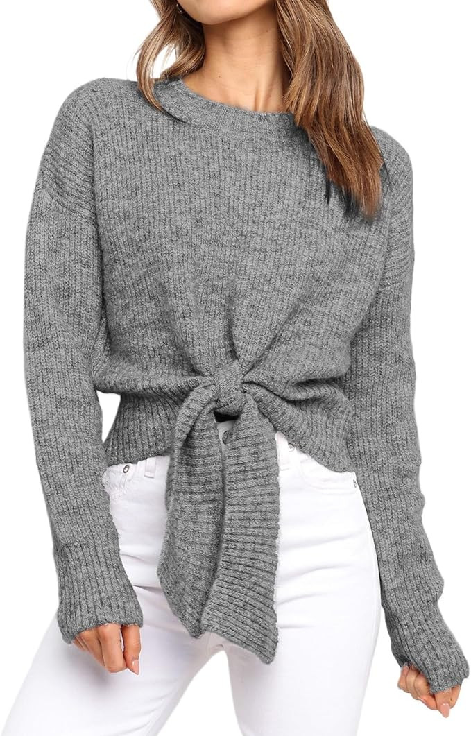 Okiwam Women's Long Sleeve Cropped Sweaters Casual Knit Pullover Tie Front Crew Neck Fall Outfits... | Amazon (US)
