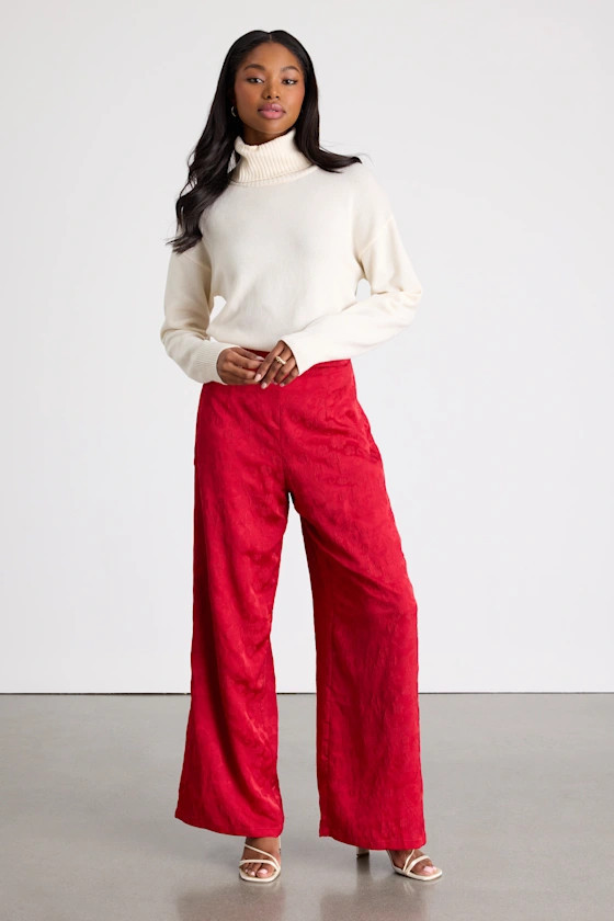 Daphne Red Satin Jacquard Wide-Leg Pants | Lulus