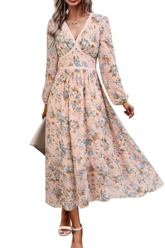 Women's Spring Wrap Maxi Dress Floral V Neck Long Sleeve Wedding Guest Party Casual Chiffon Dress Pink L | Amazon (US)