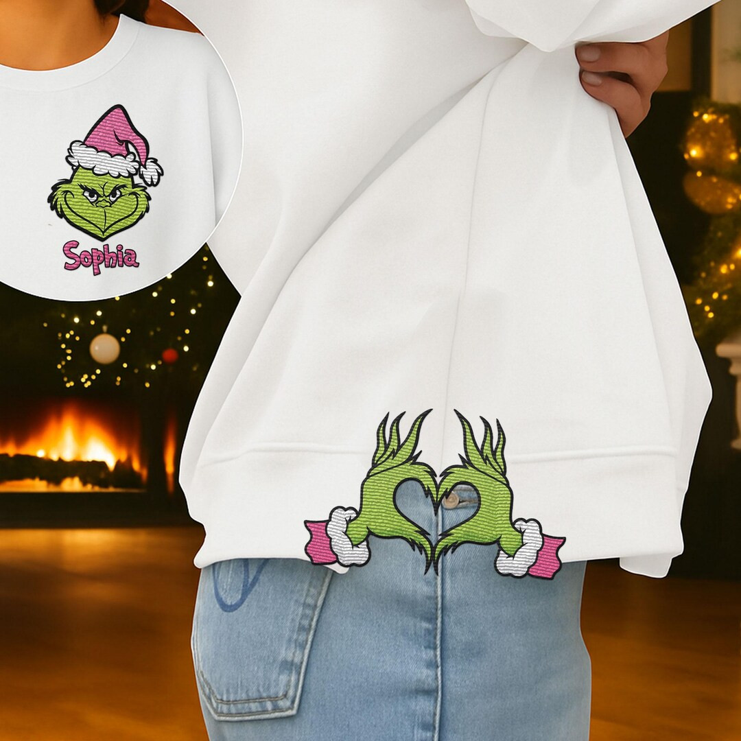 Custom Grinch Embroidered Sweatshirt, Christmas Bow Embellished Sweatshirt, Christmas Side Bow Cu... | Etsy (US)