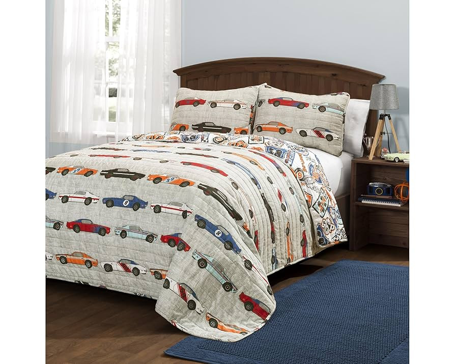 Lush Decor Race Car Kids' 3-Piece Quilt Bed Set, Reversible Bedding Set for Boys, Blue & Orange, ... | Amazon (US)