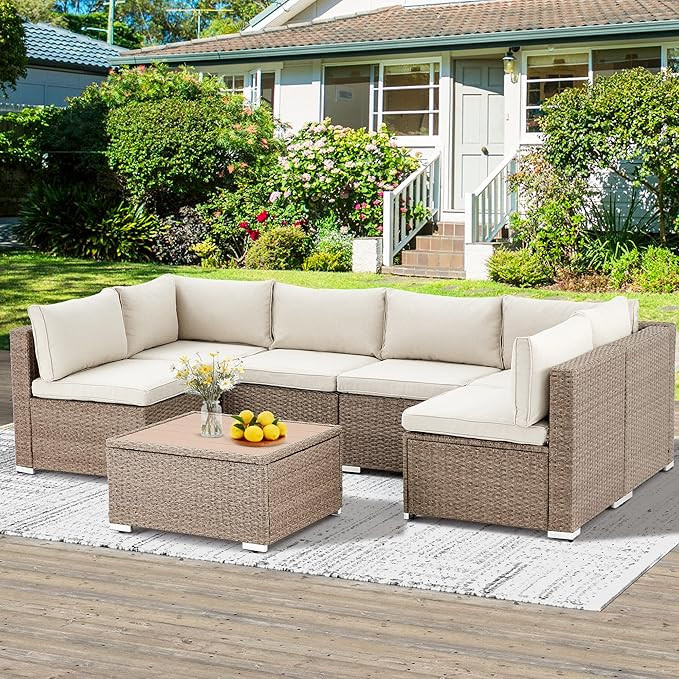 GYUTEI 7-Piece Rattan Sectional Sofa Set - Light Beige, 2 Adjustable Brackets, All-Weather Wicker... | Amazon (US)