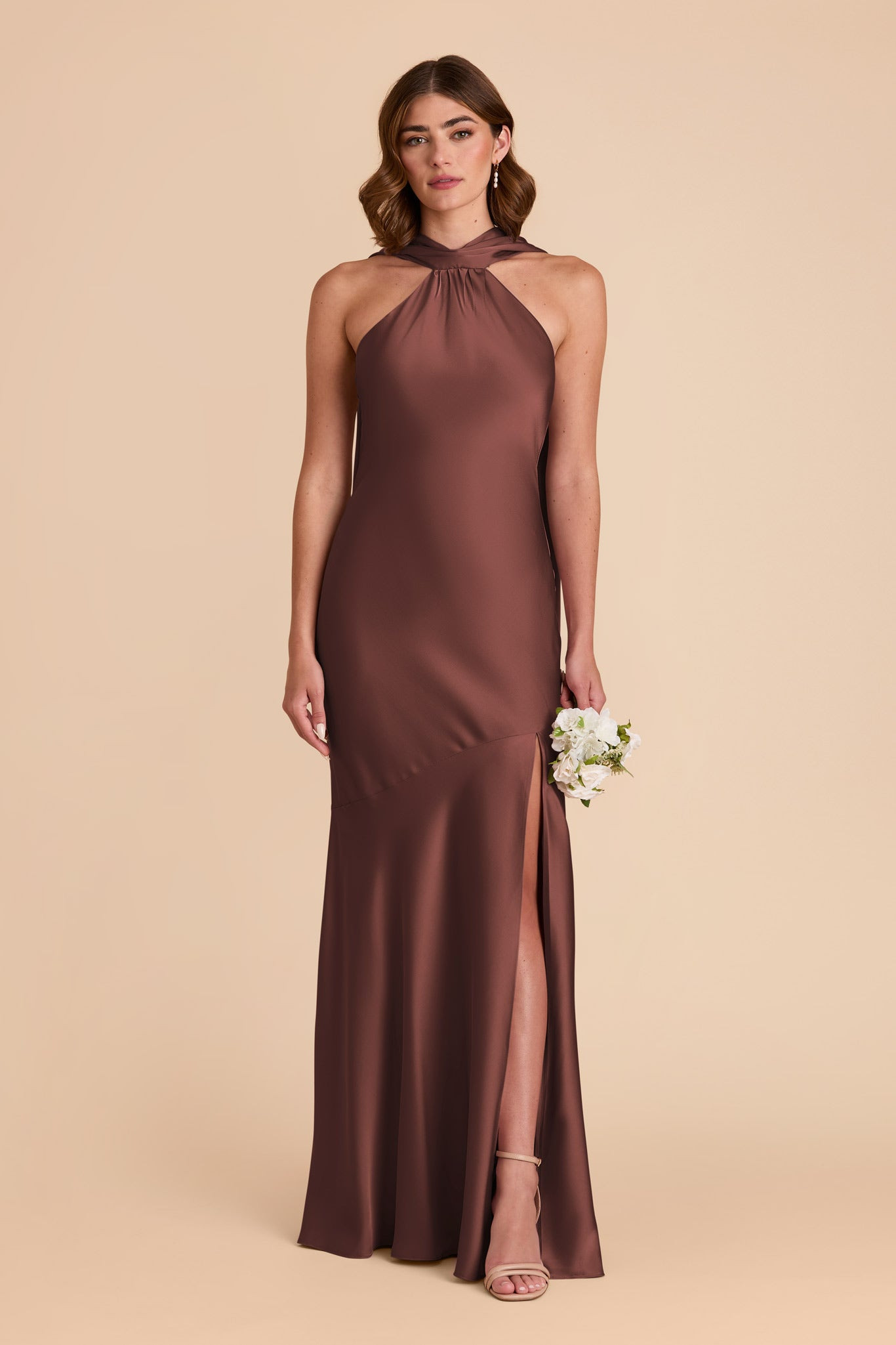 Eileen Chocolate Brown Satin Halter Bridesmaid Dress | Birdy Grey | Birdy Grey