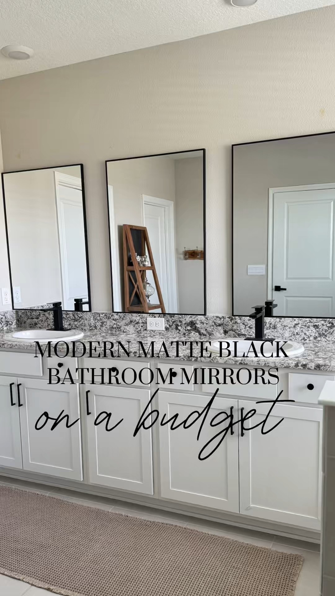 🖤Modern matte black mirror swap

If you’re stuck with a builder-grade mirror… here are a few ideas👏

In our master I swapped ours for three matte black mirrors from Walmart and it instantly gave our bathroom a more modern, high-end feel. Each mirror was $40 each. 

In the kids’ bathroom I swapped out their builder grade mirror for a rounded matte black option for under $65. 

It’s one of those small changes that makes the whole room feel different.


#MatteBlackMirror #WalmartFinds #BuilderGradeGlowUp #ModernBathroomStyle #DIYBathroomUpdate #HighEndLookForLess 

#LTKFindsUnder100 #LTKHome