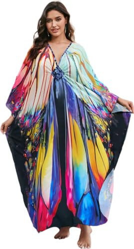 Stylish Kaftan Dress for Women Colorful Butterfly Print Beach Cover up Long Maxi House Dress Plus Size Caftans Loungewear Mrs Roper Custume Batwing Sleeve V-Neck 70s Outfit ON-8759-21 | Amazon (US)