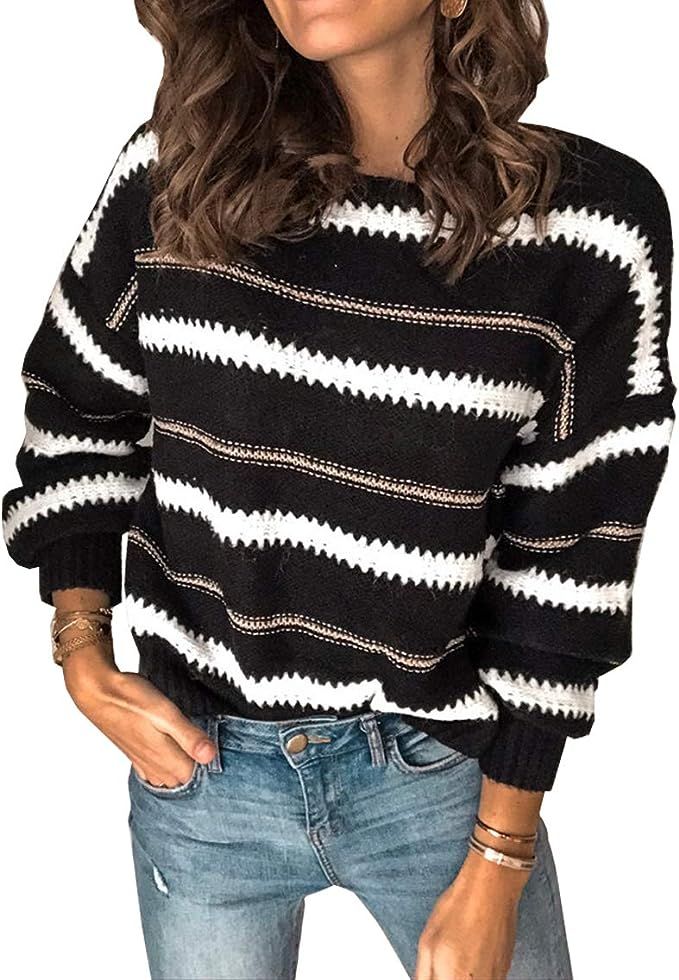 Women’s Fashion Long Sleeve Striped Color Block Knitted Sweater Crew Neck Loose Pullover Jumper... | Amazon (US)
