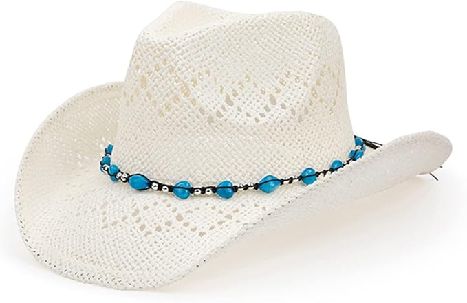 Western Cowgirl Hat, Straw Cowboy Hat for Women with Shapeable Brim, Beaded Hearts Trim, Shapeabl... | Amazon (US)