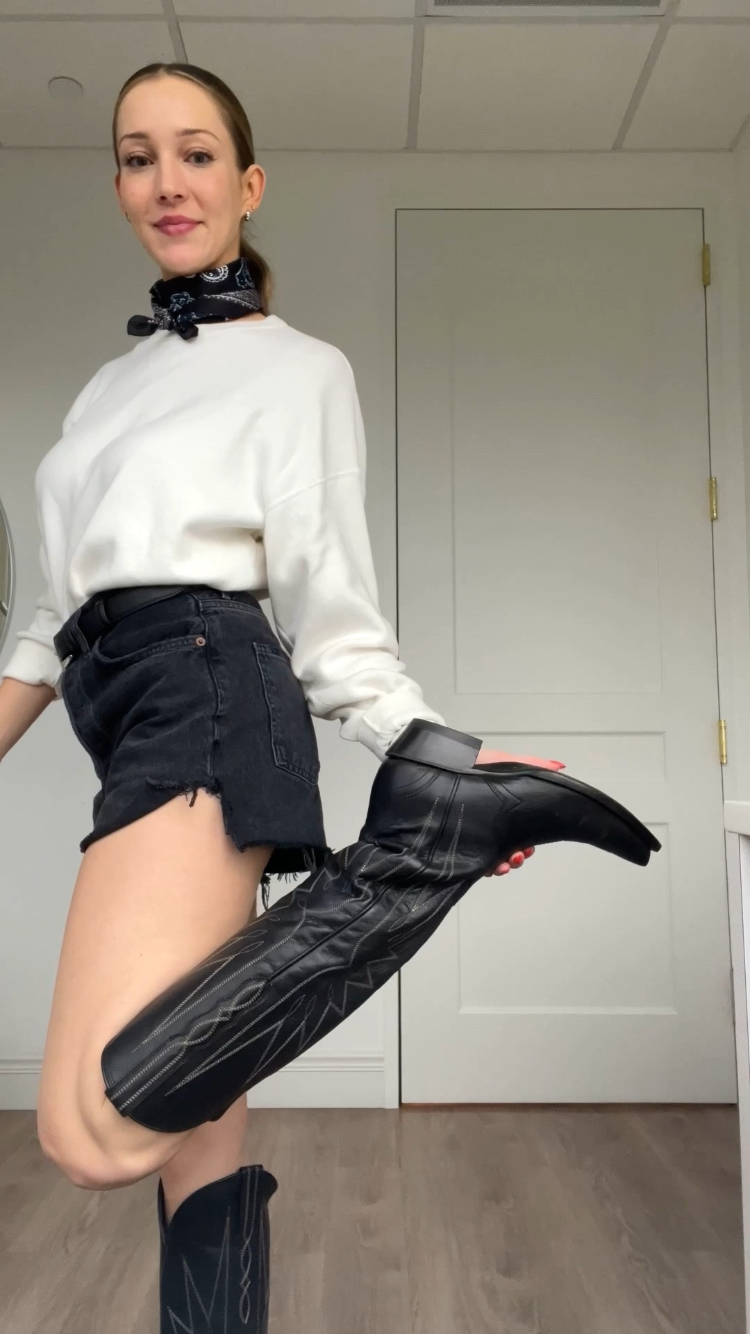 Western outfit / work outfit 

Tecovas cowboy boots / black cowboy boots - run true to size 

Agolde Jean shorts / black jean shorts - wearing a 27 

Uniqlo sweater / white sweater - wearing a large 

Black belt with silver buckle 

#LTKWorkwear #LTKShoeCrush #LTKFindsUnder100