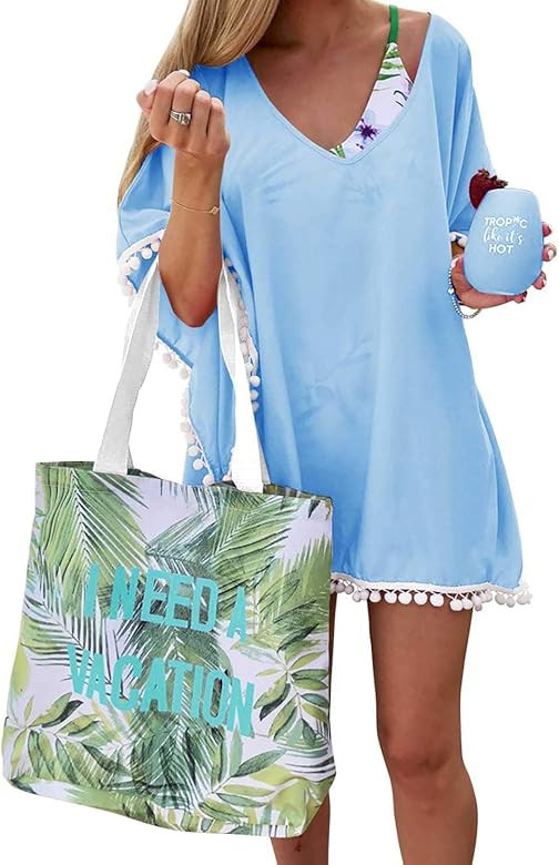 Women's Chiffon Pom Pom Kaftan Beach Swimsuit Cover Up for Swimwear Bathing Suit | Amazon (US)
