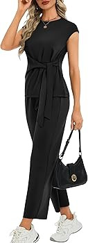 Casly Lamiit Two Piece Sets for Women Summer Outfits Cap Sleeve Belted Crop Top Wide Leg Pants Ma... | Amazon (US)
