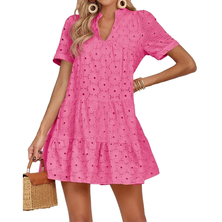 Short Sleeved Women V-neck A-line Loose Mini Eyelet Lace Dress | Walmart (US)