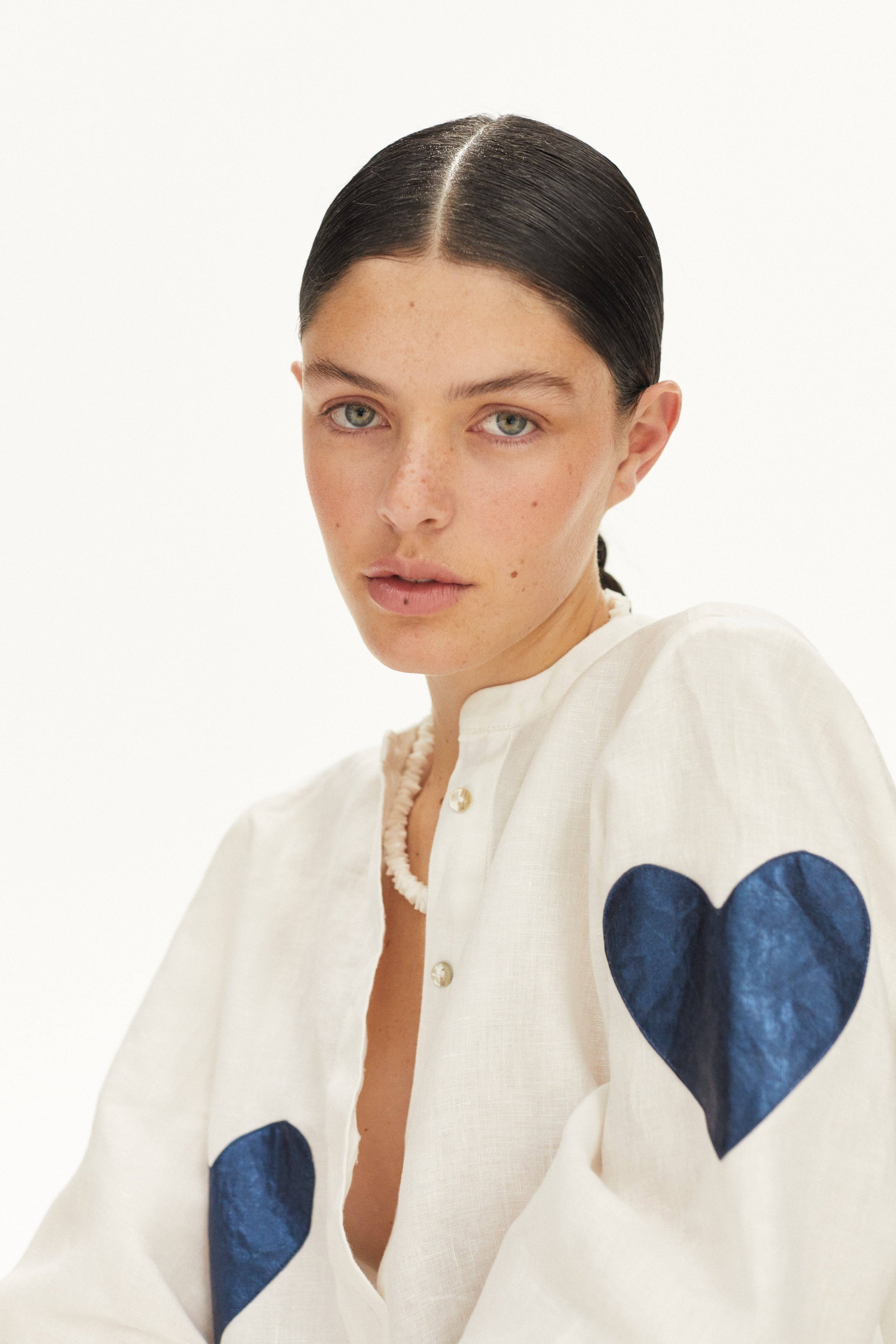 Cupid Linen Shirt - Off-white with Metallic Dark Blue Hearts | Lanhtropy