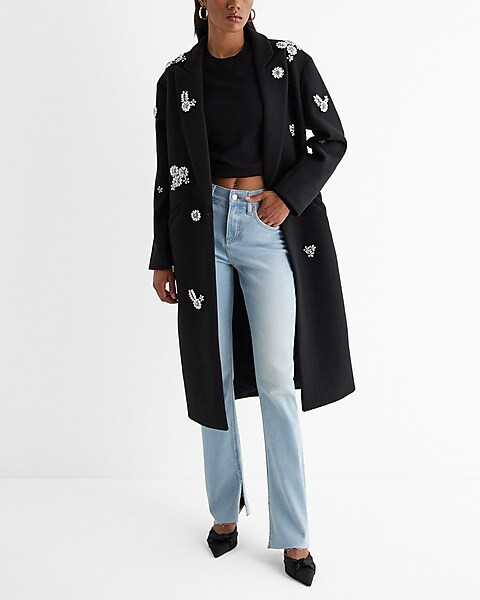 Faux Wool One Button Rhinestone Embellished Coat | Express