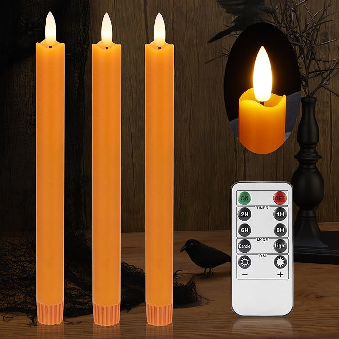 Fall Flameless Orange Taper Candles with Remote, LED Candlesticks with Realistic 3D Flickering Fl... | Amazon (US)