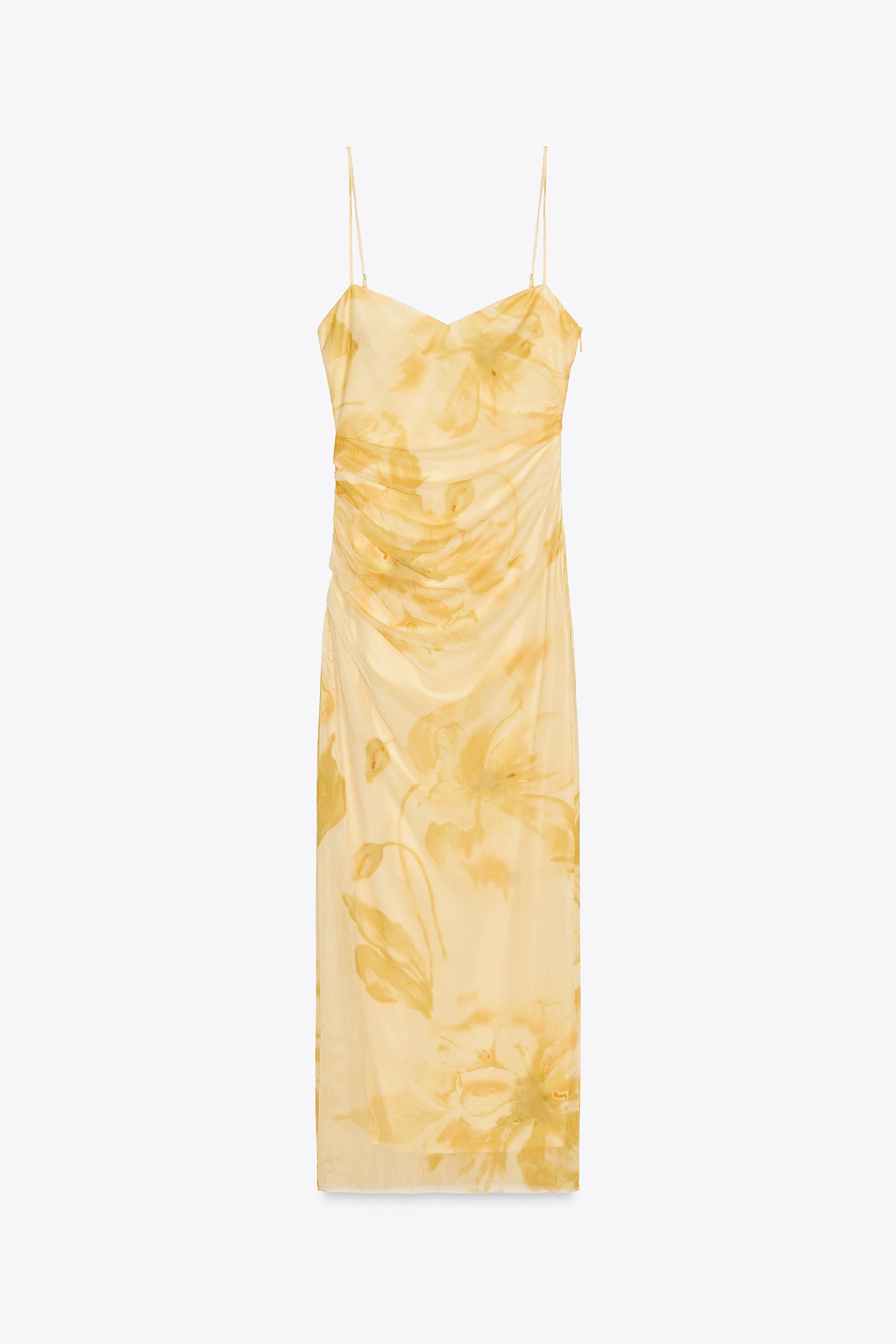 Printed midi dress with round neckline and adjustable spaghetti straps. Gathered detail. Matching... | Zara US