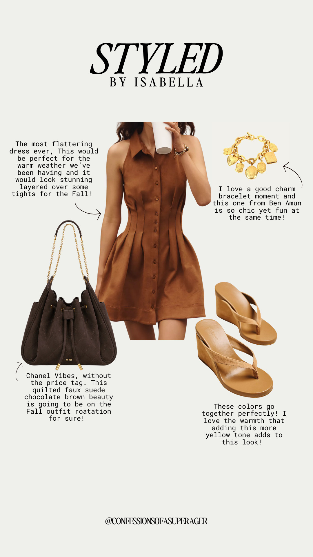 Fall outfit inspo with a warm-weather twist 🤎 This flattering chocolate brown shirt dress is giving effortless quiet luxury, especially paired with a faux suede bucket bag, gold charm bracelet, and warm tan wedge sandals. The rich brown and caramel color palette is perfect for transitioning from summer to fall and creating an elevated, timeless wardrobe. Shop the full look linked on LTK @confessionsofasuperager ✨ #LTKStyle #FallFashion #FallOutfit #TransitionStyle #BrownOutfit #ChocolateBrown #ShirtDress #QuietLuxury #OldMoneyStyle #FashionOver40 #Over40Style #ClassicStyle #CapsuleWardrobe #TimelessFashion #EverydayChic #FauxSuede #GoldJewelry #WedgeSandals #AffordableLuxury #StyleInspiration

#LTKSeasonal #LTKOver40 #LTKSaleAlert