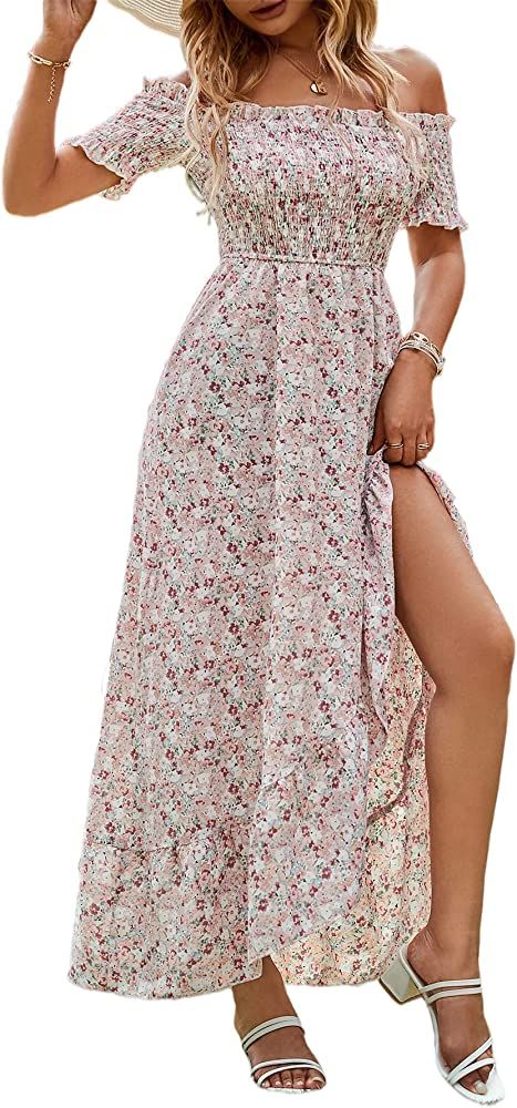 Miessial Women's Polka Dot Off Shoulder Long Dress Cute Summer Split Maxi Dress | Amazon (US)