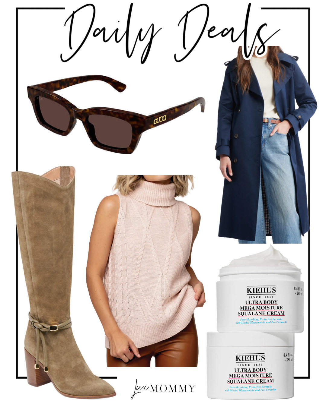 Daily Deals, Deals of the day!!
Gucci, Cat Eye Sunglasses, Sleeveless Turtleneck Sweater, Dolce Vita, Knee High Boot, Cotton Trench Coat, Kiehl's Body Cream Duo 

 #LTKSeasonal #LTKStyleTip #LTKBeauty