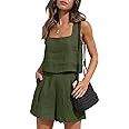 AUTOMET Womens 2 Piece Outfits Lounge Matching Sets Two Piece Linen Shorts Crop Tops 2023 Trendy ... | Amazon (US)