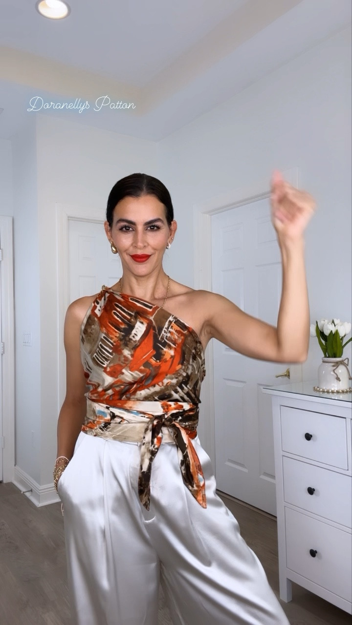 Diy top with a scarf! Scarf comes in many colors. And is not see through! Wearing a size 6 in the silk pants. Available in two other colors. Lipstick color is “ feels so grand “ from Mac. Using a removable chain purse strap that I used as a necklace, it measures 15”. Adding 18” and 23” sizes. Bangle bracelet comes in a set.

#LTKstyletip #LTKU #LTKSeasonal