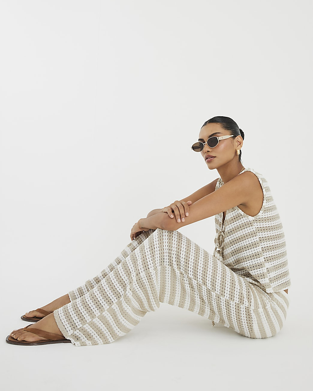 Cream Stripe Wide Leg Crochet Trousers | River Island UK & IE