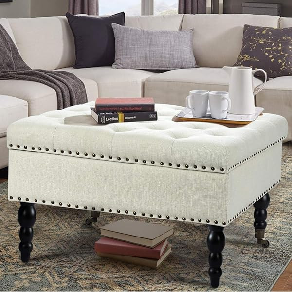 BELLEZE 33" Square Ottoman Tufted Button Bench Nailhead Trim Linen Fabric Foot Rest Stool/Seat fo... | Amazon (US)