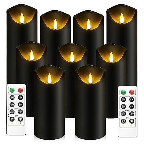 kakoya Flickering Flameless Candles, Battery Operated Plastic LED Pillar Candles with Remote Control and Timer, Set of 9 (Black) | Amazon (US)