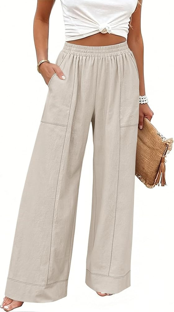 Rapbin Womens Elastic Waist Palazzo Pants Casual Wide Leg Pant Baggy Lounge Trousers with Pockets | Amazon (US)