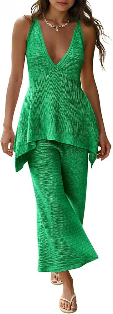 Tankaneo Womens 2 Piece Knit Sets Summer Vacation Outfits Deep V Neck Flowy Tank Tops Wide Leg Pa... | Amazon (US)