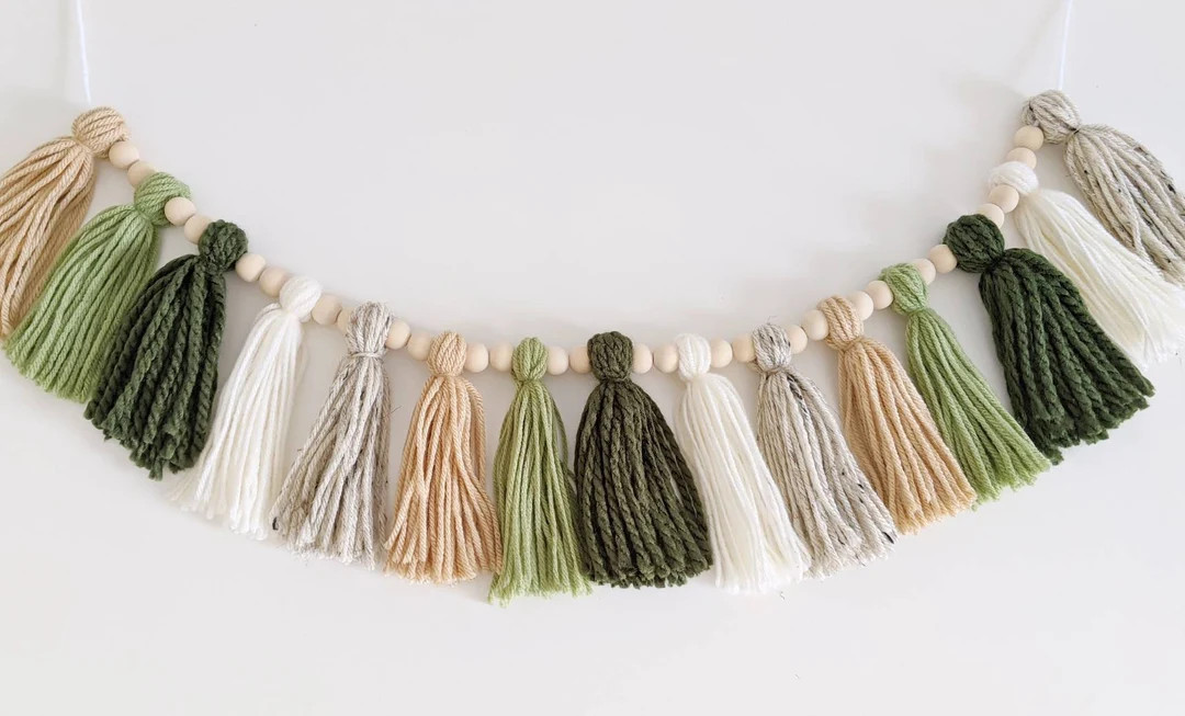 Woodland Greenery Tassel Garland with Natural Wooden Beads, Forest Green and Cream Tassel Bunting... | Etsy (US)