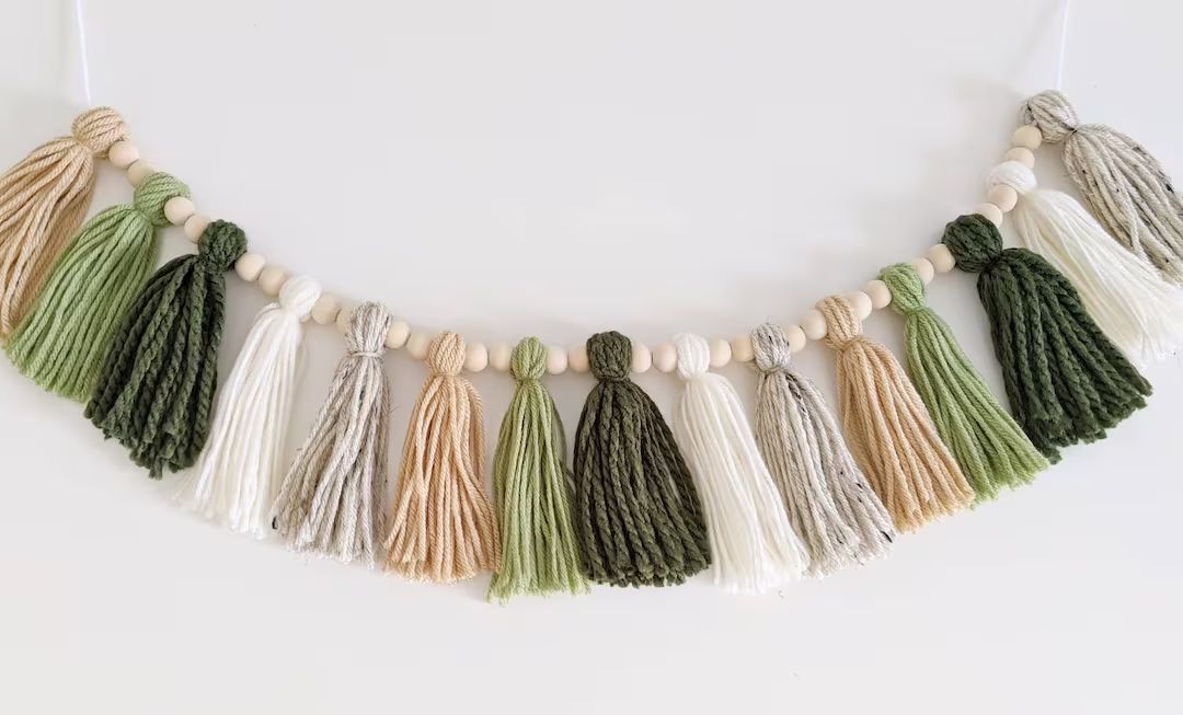 Woodland Greenery Tassel Garland with Natural Wooden Beads, Forest Green and Cream Tassel Bunting... | Etsy (US)