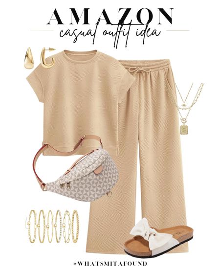 Amazon outfit idea, casual outfit idea, summer outfit idea, travel outfit idea, two piece set, trendy set, matching set, travel set, tan set, tan matching set, tan travel set, tan two piece set, bow sandals, white sandals, slide sandals, bum bag, checkered bum bag, white bum bag, layered necklaces, initial necklace, gold hoops, gold bracelets, bracelet set

#LTKShoeCrush #LTKItBag #LTKFindsUnder50