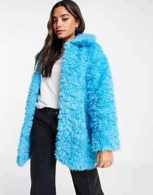Monki faux fur jacket in bright blue | ASOS (Global)