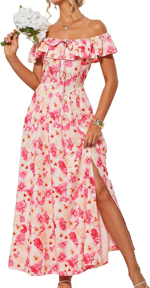 GRACE KARIN 2025 Womens Maxi Dresses Summer Off Shoulder Floral Dress Ruffle Split Beach Flowy Bo... | Amazon (US)