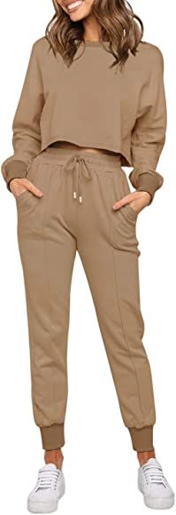 ZESICA Women's Long Sleeve Crop Top and Pants Pajama Sets 2 Piece Jogger Long Sleepwear Loungewear P | Amazon (US)