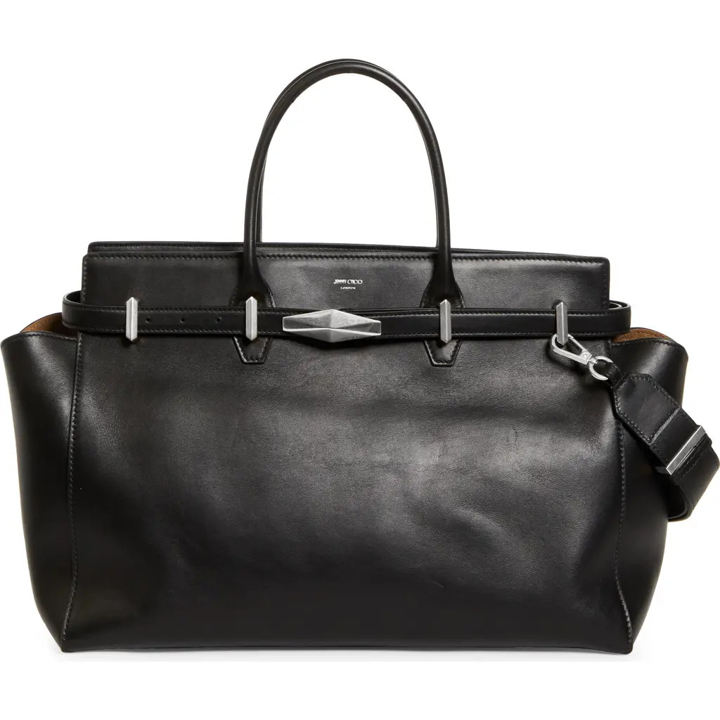Jimmy Choo Medium Diamond Leather Belted Tote in Black/Antique Silver at Nordstrom | Nordstrom