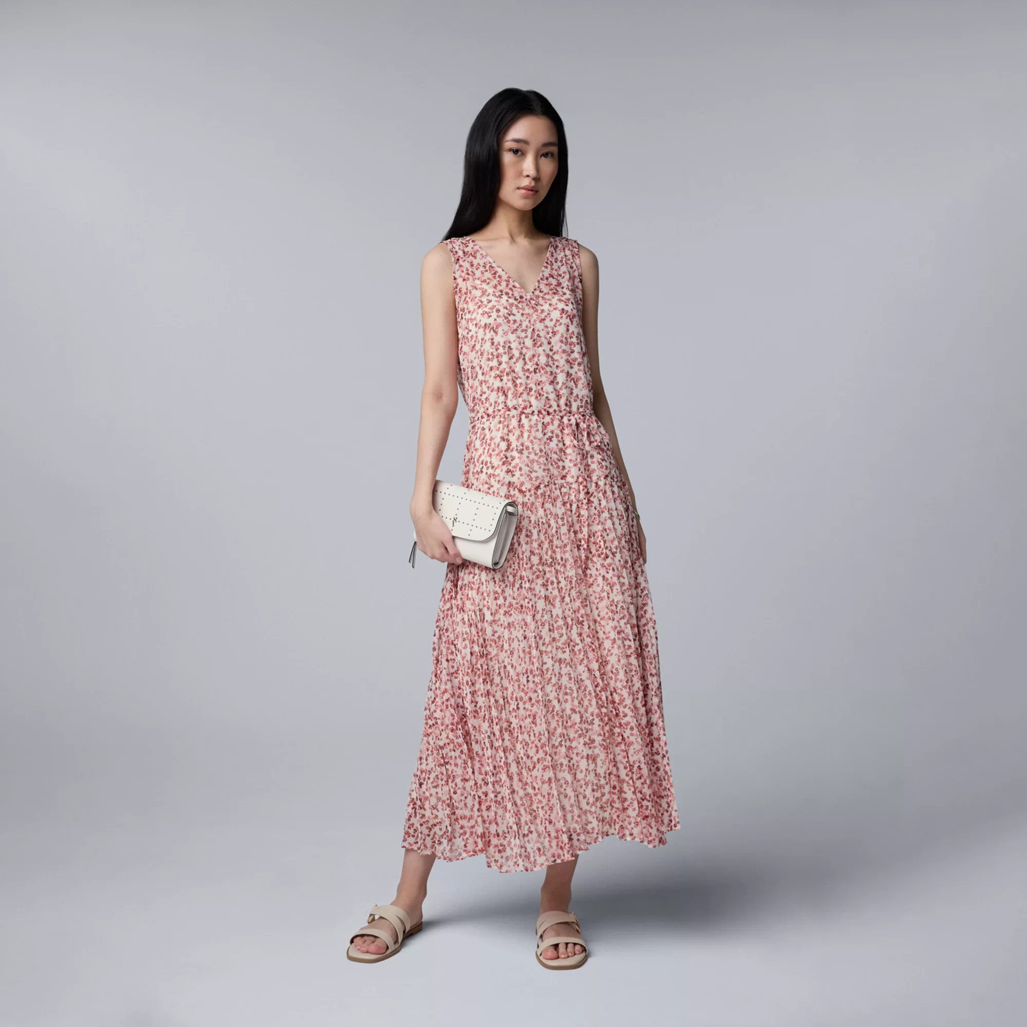 Women's Simply Vera Vera Wang Pleated Dropwaist Maxi Dress, Size: Medium, Dark Red Micro Petals | Kohl's