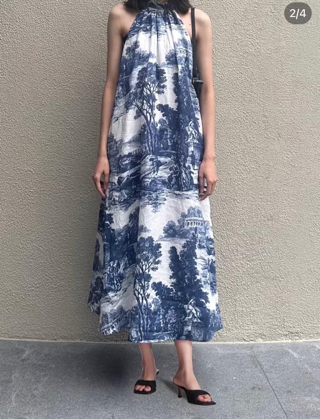 Vintage French Halter Neck Maxi Linen Cotton Blue White Print - Etsy | Etsy (US)