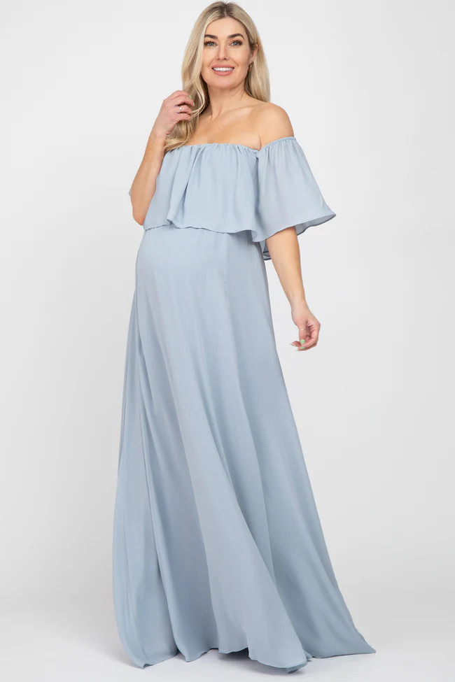Light Blue Chiffon Off Shoulder Maternity Gown | PinkBlush Maternity