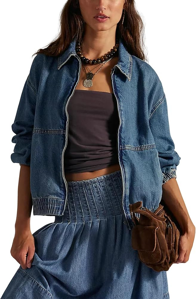 Yeokou Womens Oversized Jean Jacket Zip Up Long Sleeve Casual Denim Coats with Pockets | Amazon (US)