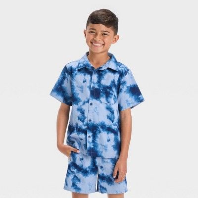 Boys' Short Sleeve Tie-Dye Button-Down Shirt - Cat & Jack™ Blue | Target