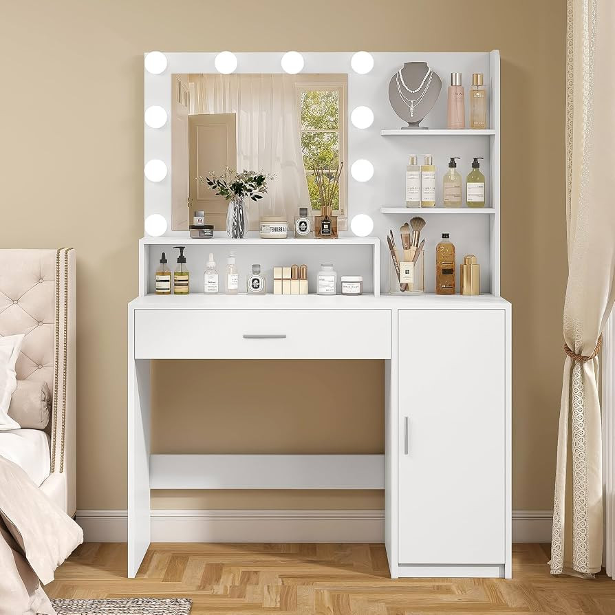 Quimoo Makeup Vanity Desk with Mirror and Lights, Vanity Desk with Large Drawer & Shelves & Cabin... | Amazon (US)