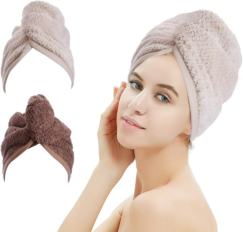 2 Pack Hair Drying Towels,Hair Wrap Towels,Absorbent Microfiber Hair Towel Turban with Button Des... | Amazon (US)