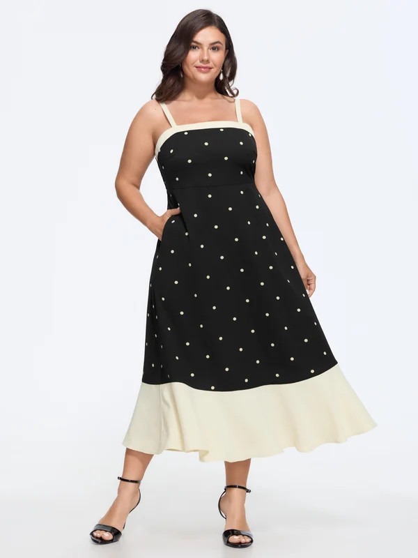 Polka Dot Color Block Hem Shirred Midi Dress | Bloomchic