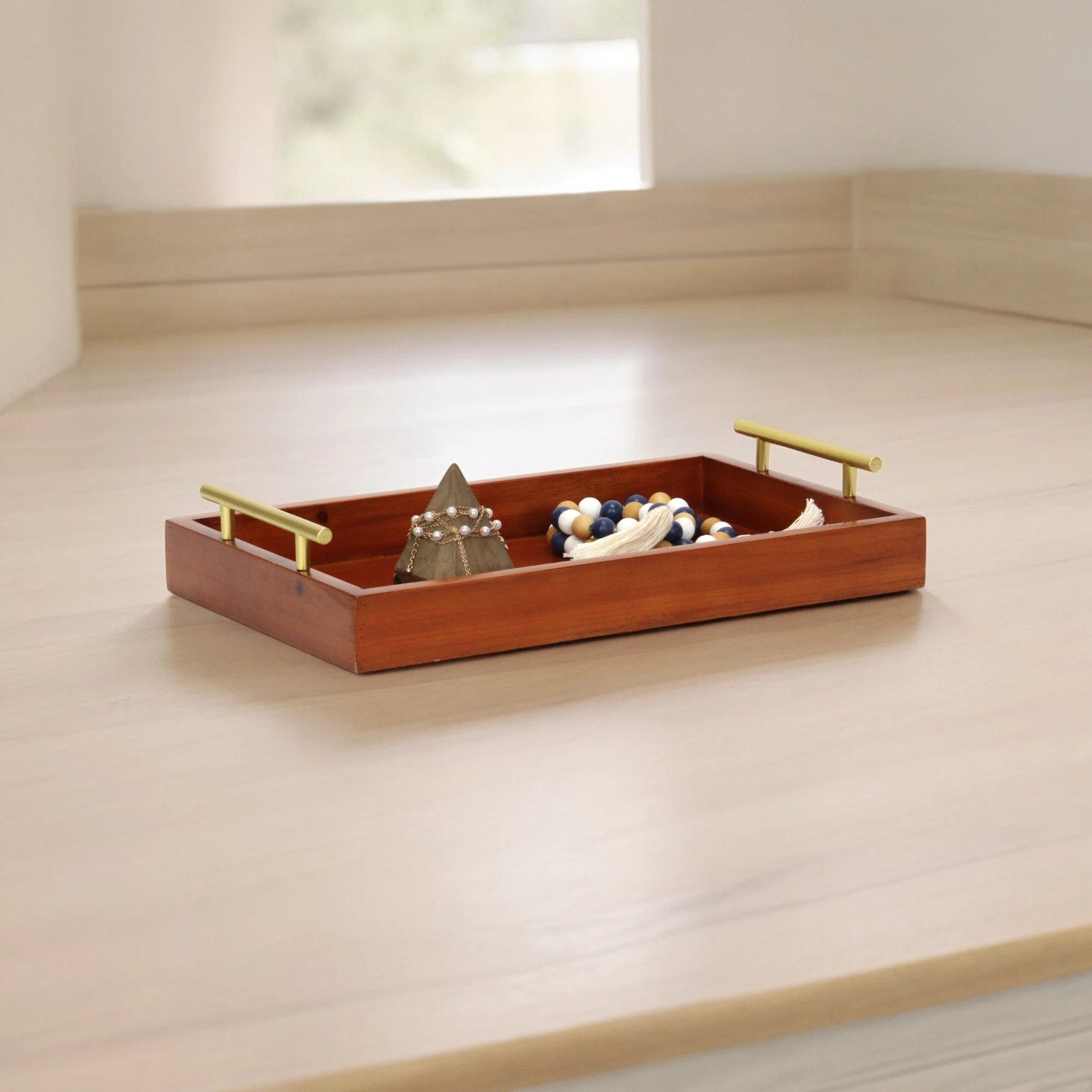 Coran Wooden Rectangle Tray | Gold Metal Handles | | Wayfair North America