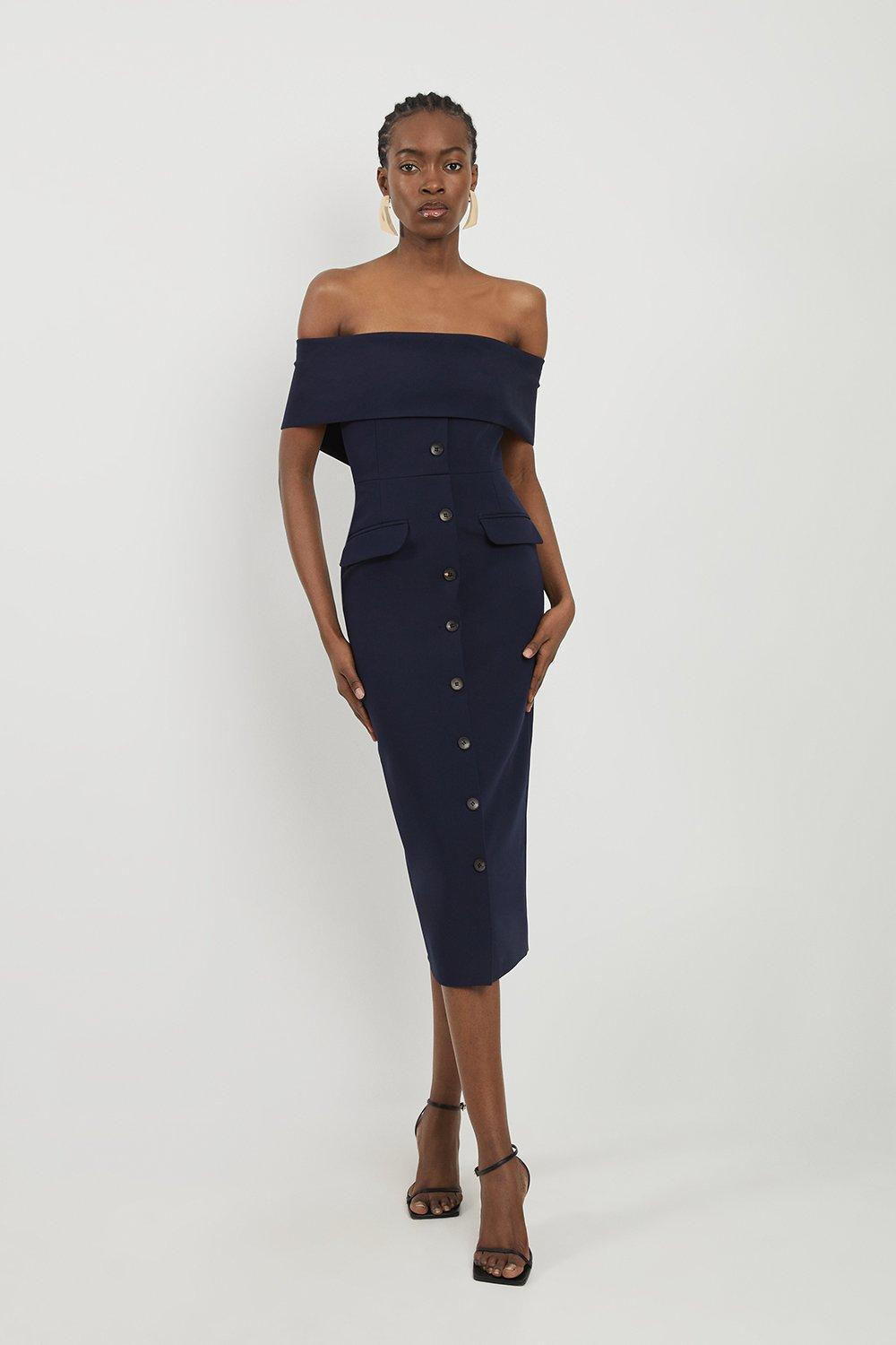 Clean Tailored Bardot Button Through Midi Dress | Karen Millen UK + IE + DE + NL