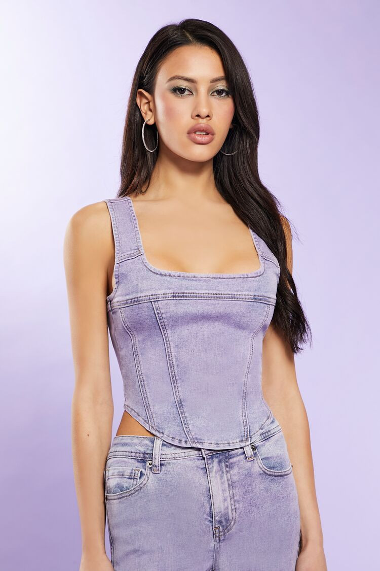 Women's Denim Crop Top in Purple Medium | Forever 21