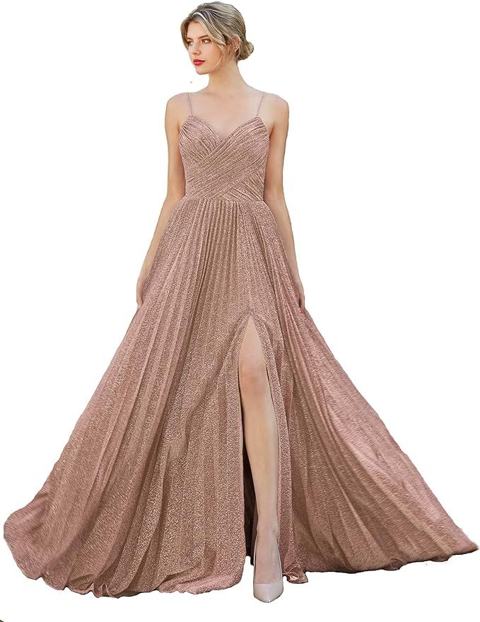 Meier Women's Metallic Glitter Pleated Long Prom Formal Dress | Amazon (US)