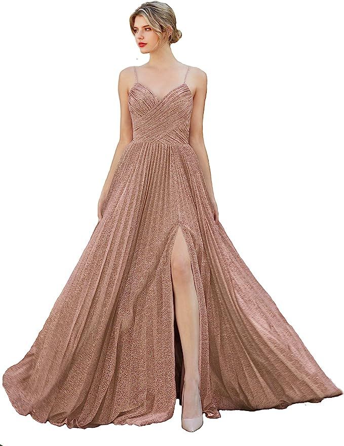 Meier Women's Metallic Glitter Pleated Long Prom Formal Dress | Amazon (US)