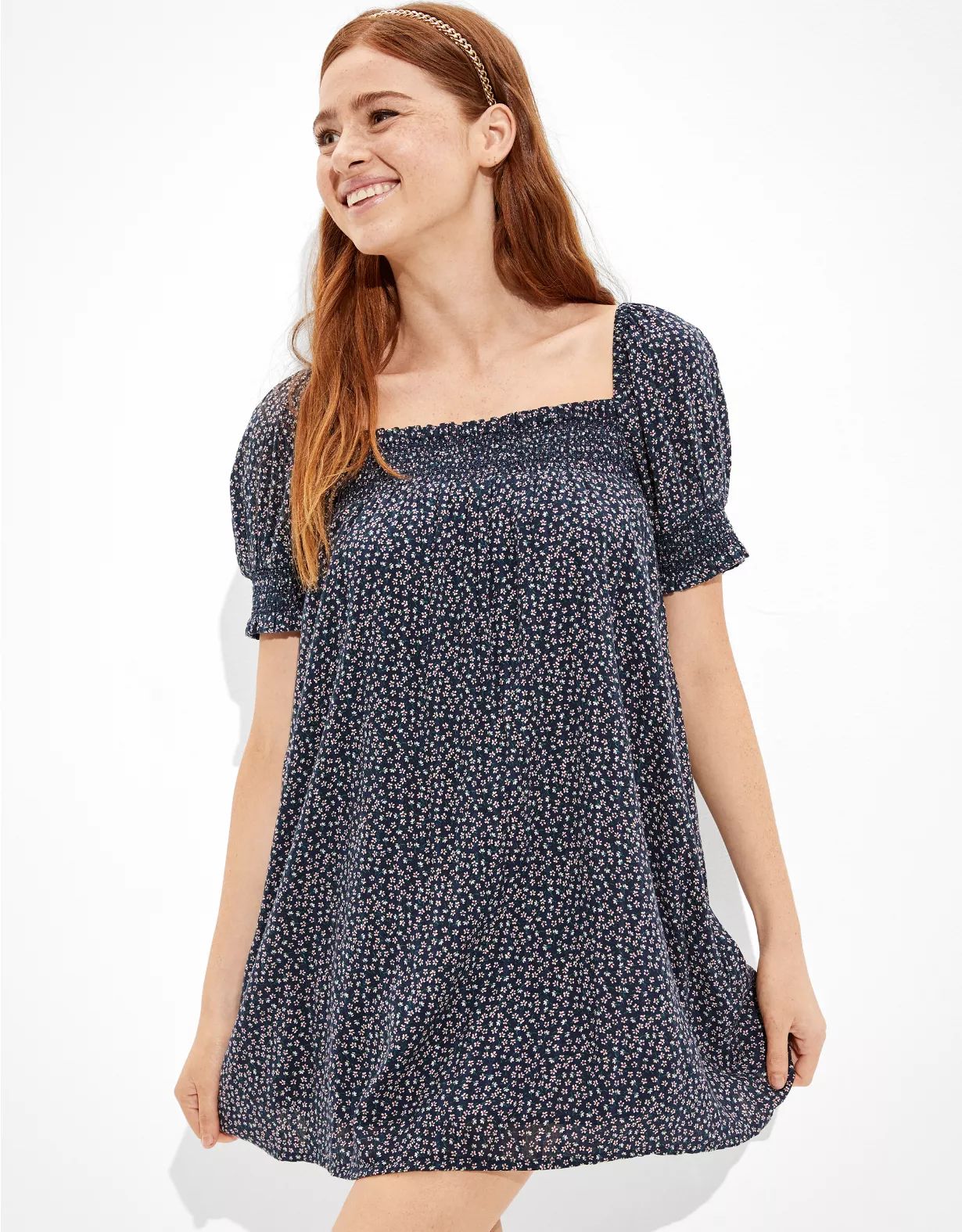 AE Floral Smocked Puff-Sleeve Babydoll Dress | American Eagle Outfitters (US & CA)